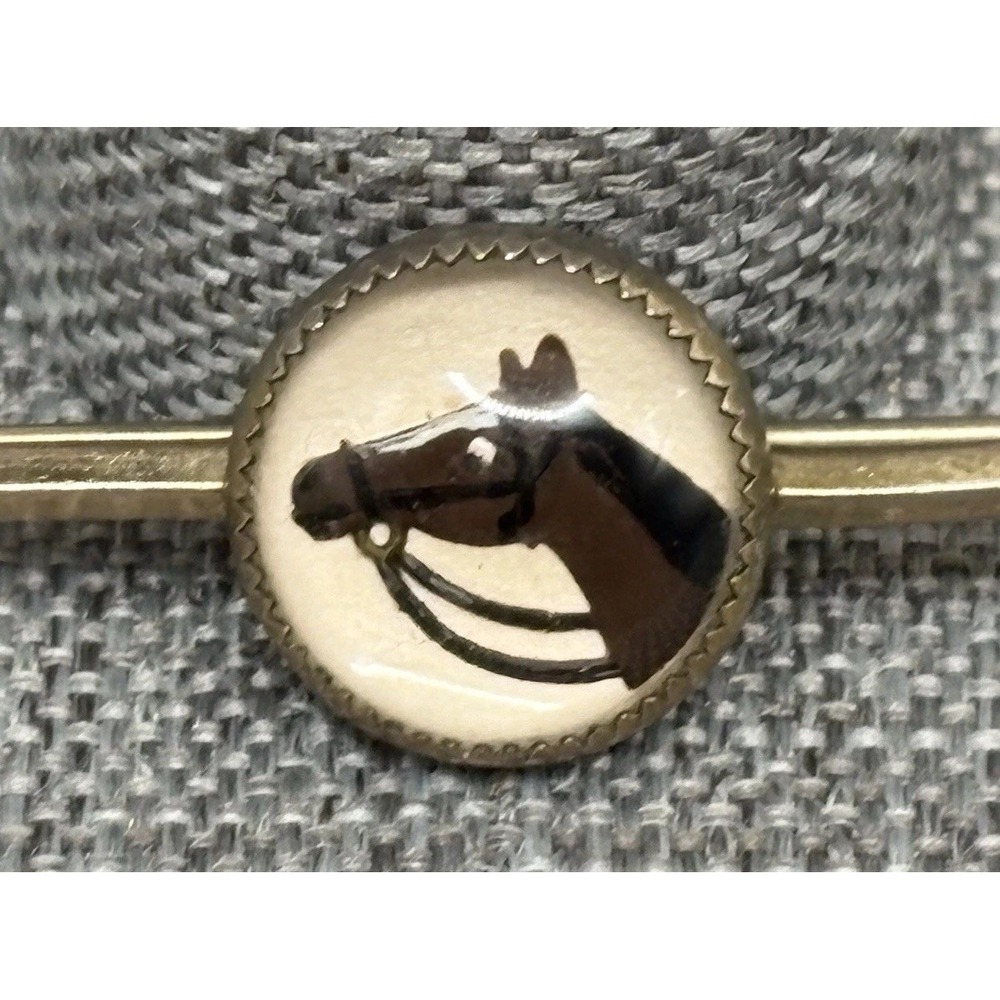 VTG Horse Head Cameo Tie Bar Pin Brooch Equestrian Riding Crop Essex Glass